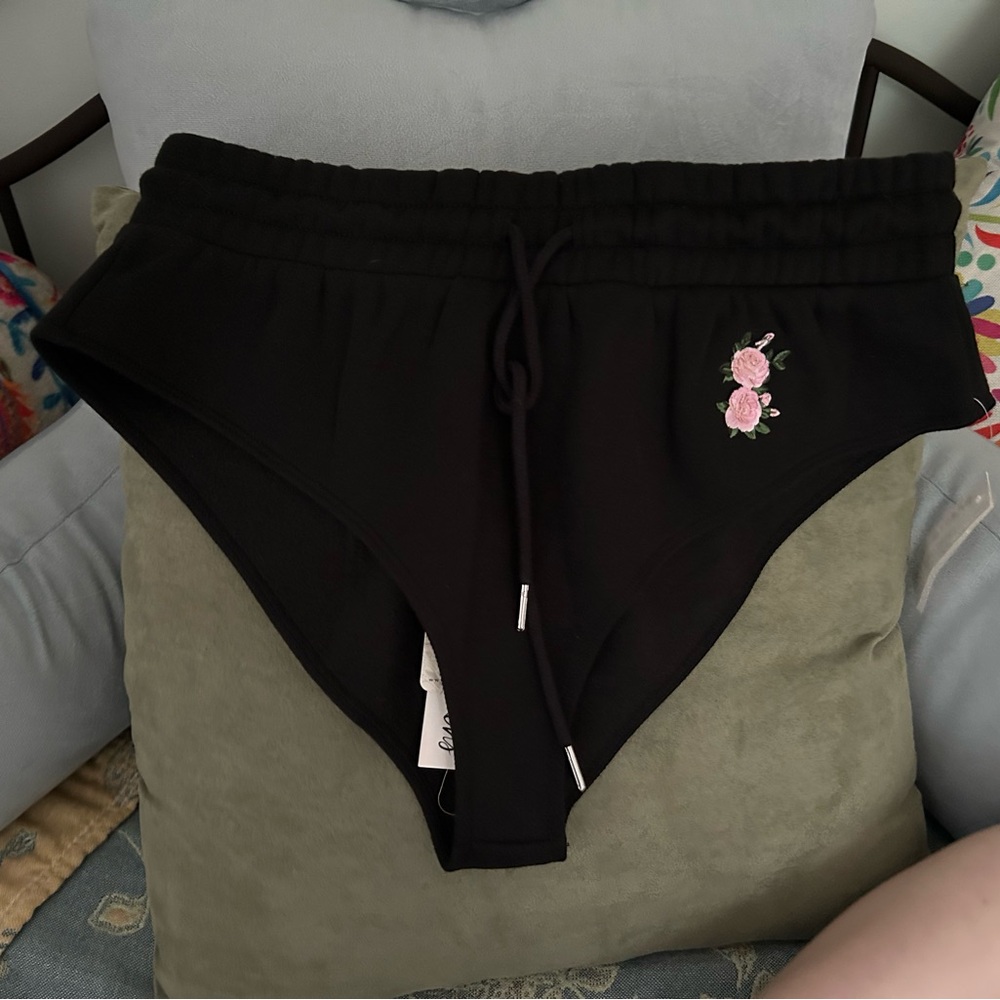 For Love And Lemons Black Shorts with Pink Floral Embroidery